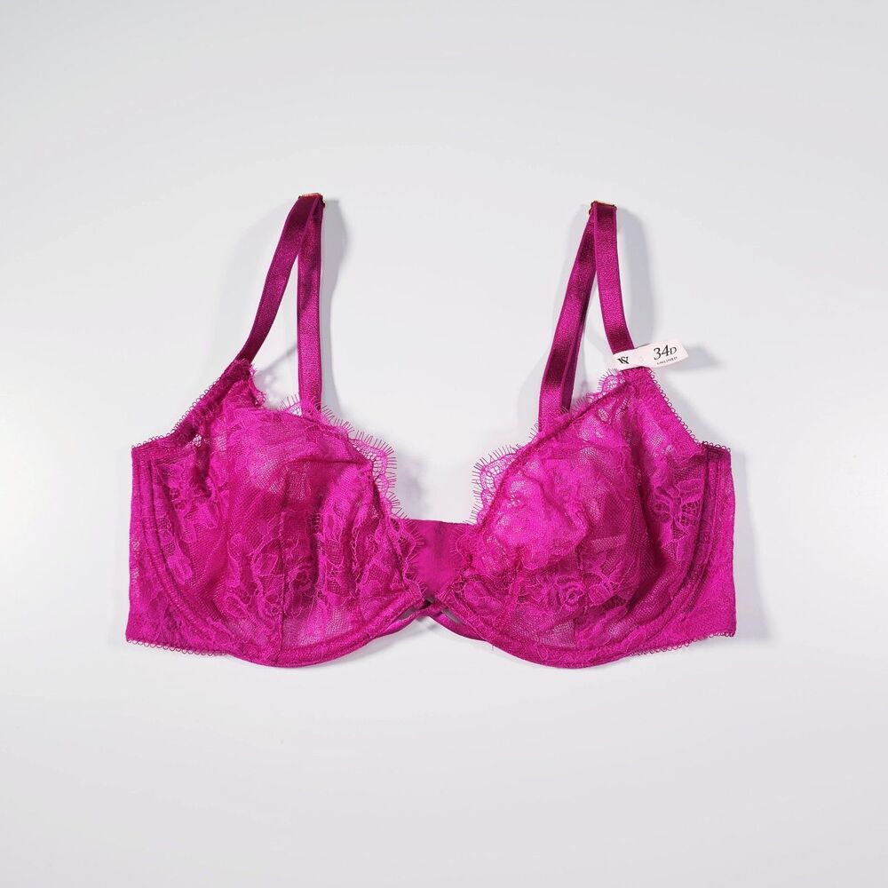 Victoria's Secret Very Sexy Rose Lace Unlined Low Cut Demi Bra 34D Fuchsia Pink